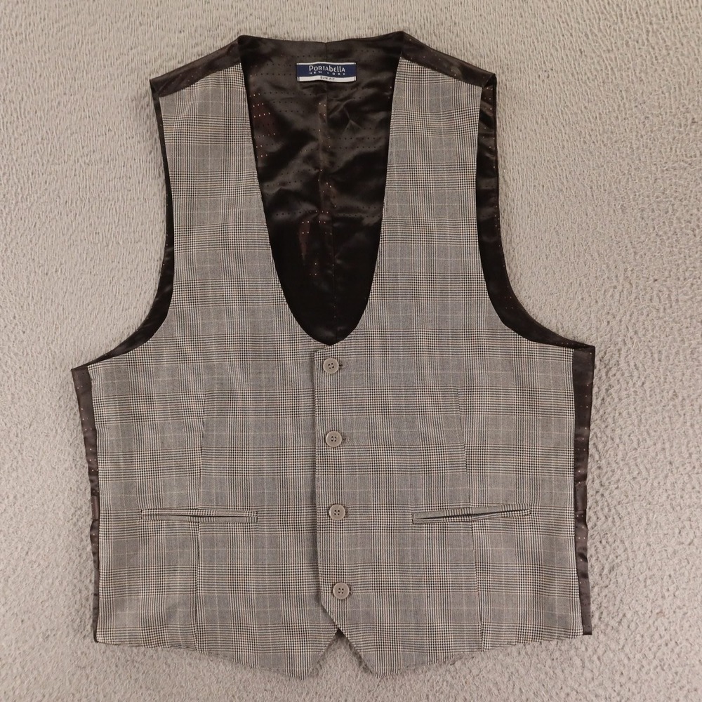 Portabella Vest 38R S Gray Prince of Wales Check Polyester Slim Fit Suit Vest